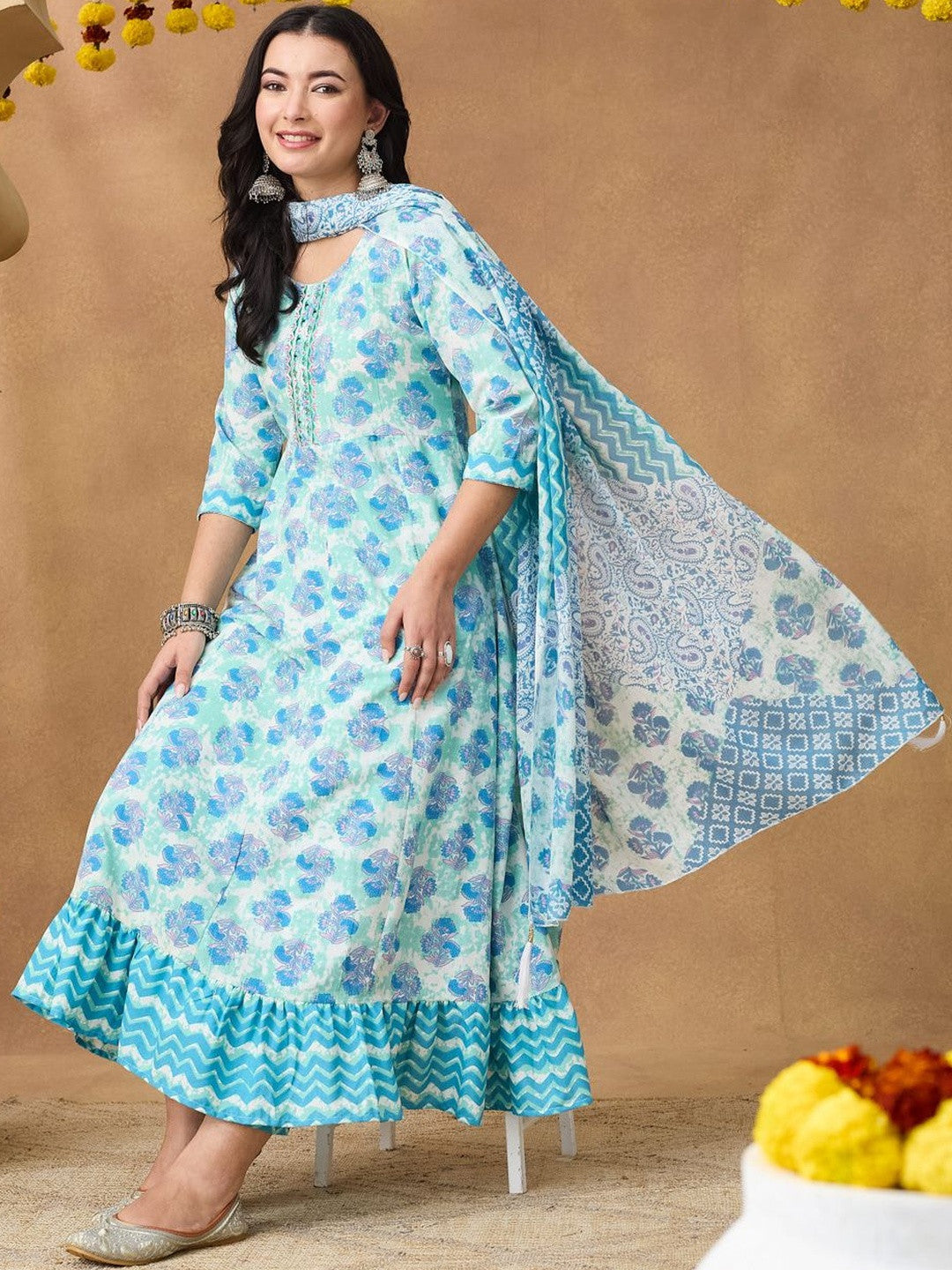 Women Floral Printed Miror Embroided Neck Anarkali Kurta Set With Tasseled Dupatta