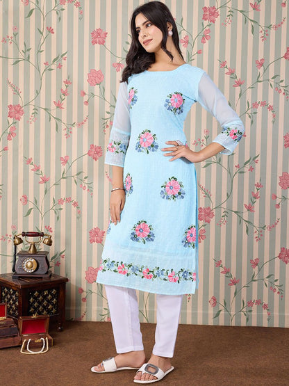 Dhiyona OD  Floral Embroidered Thread Work Floral Georgette Straight Kurta