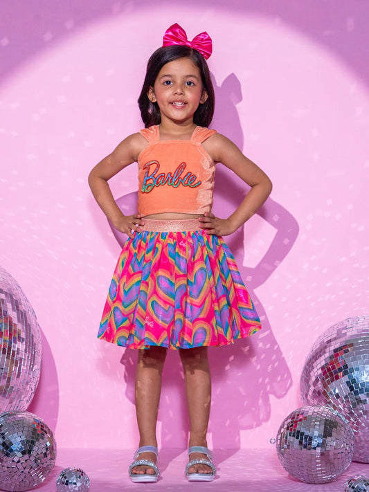 Girls Peach Barbie Top with Skirt Girls Co-ordinate set