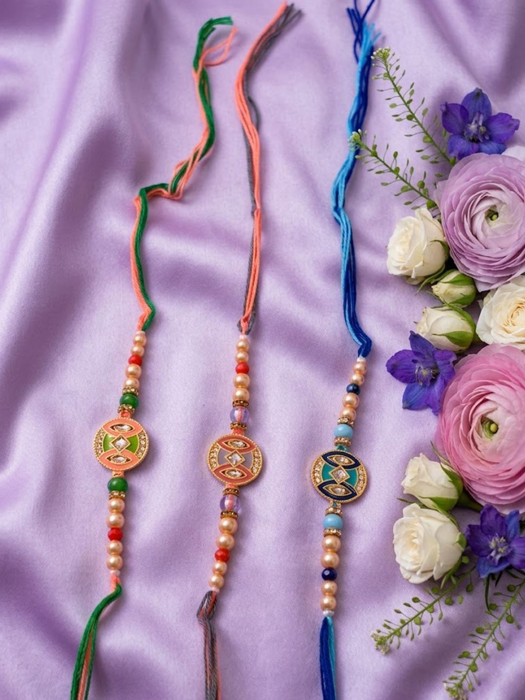 Dhiyona Set Of 3 Multicolor Artificial Stones & Beads Thread Rakhi With Roli Chawal Chandan