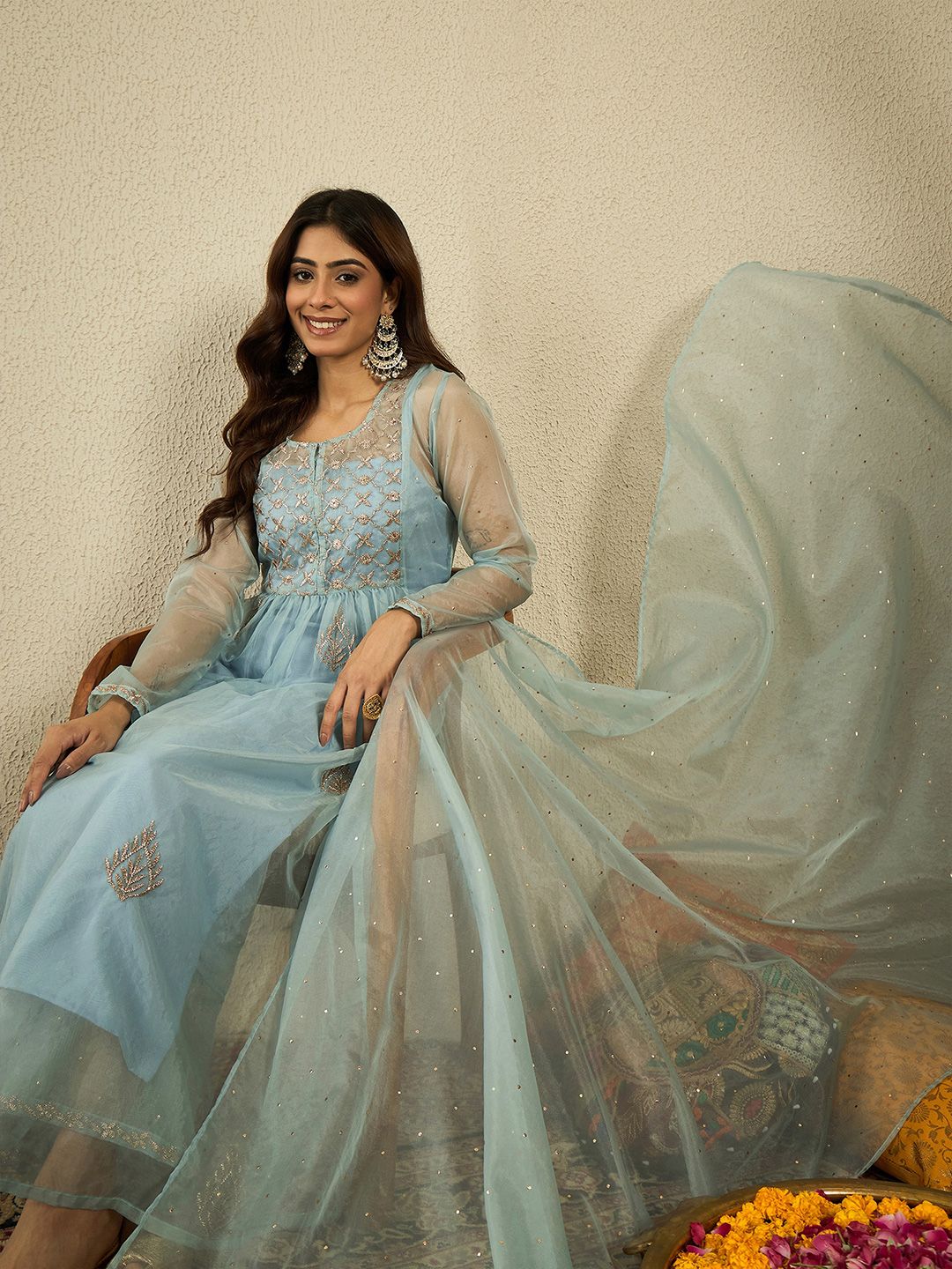 Dhiyona IN Women Ethnic Zari Mukaish Embroidered Kurta Set with Dupatta