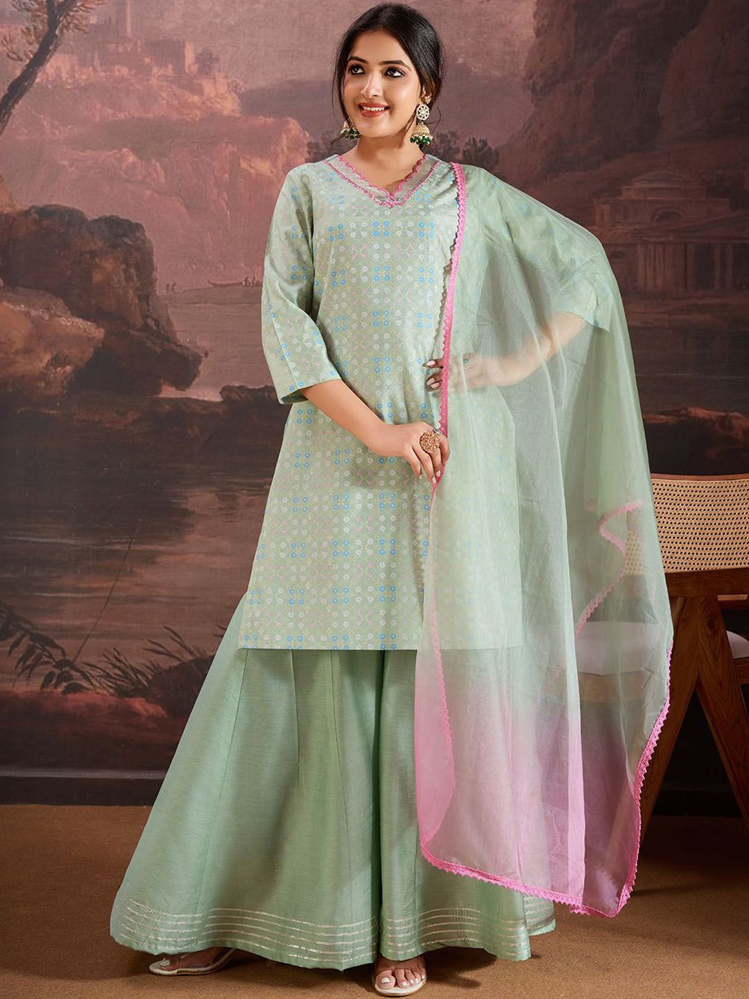 Dhiyona HOP Floral Printed Straight Kurta & Sharara with Dupatta