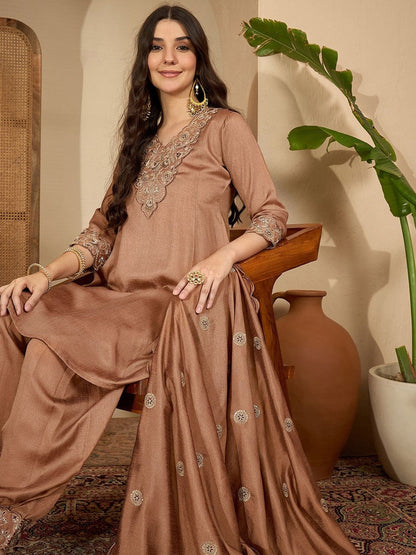 Embroidered V-Neck Kurta & Dhoti Pants With Dupatta