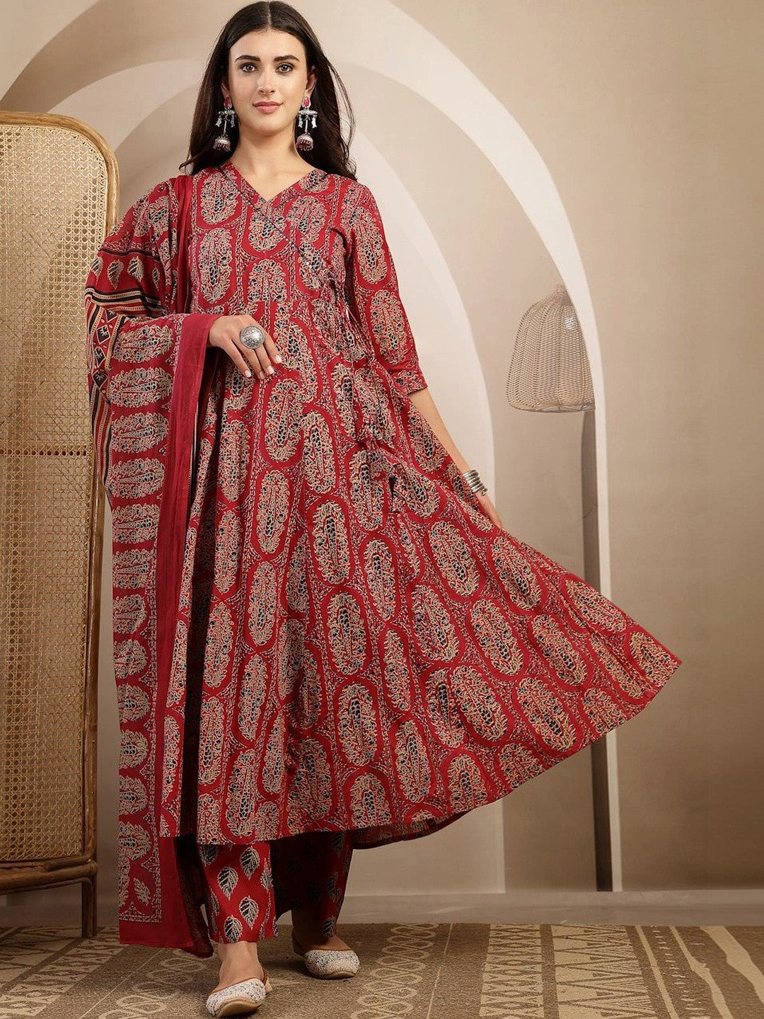 Women Ethnic Motifs Printed Angrakha Kurta with Trousers & With Dupatta