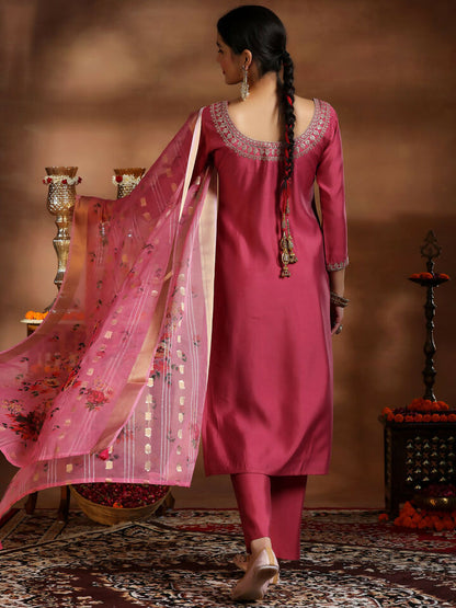 Women's LB Pink Embroidered Silk Blend Straight Suit With Dupatta