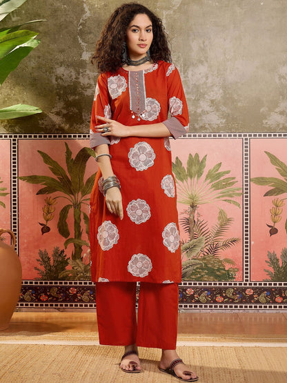 Printed Cotton Round Neck Kurta & Trousers With Dupatta