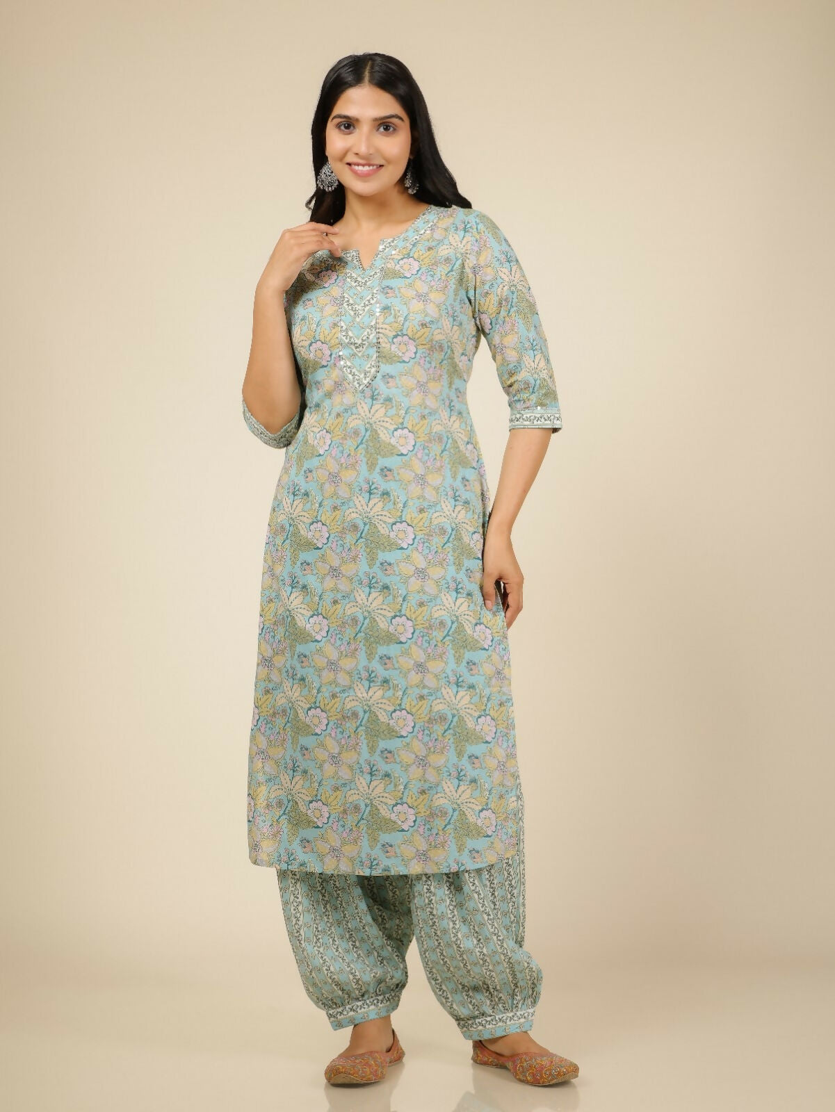 Women's Blue Soft Cotton Floral Straight Kurta for Women