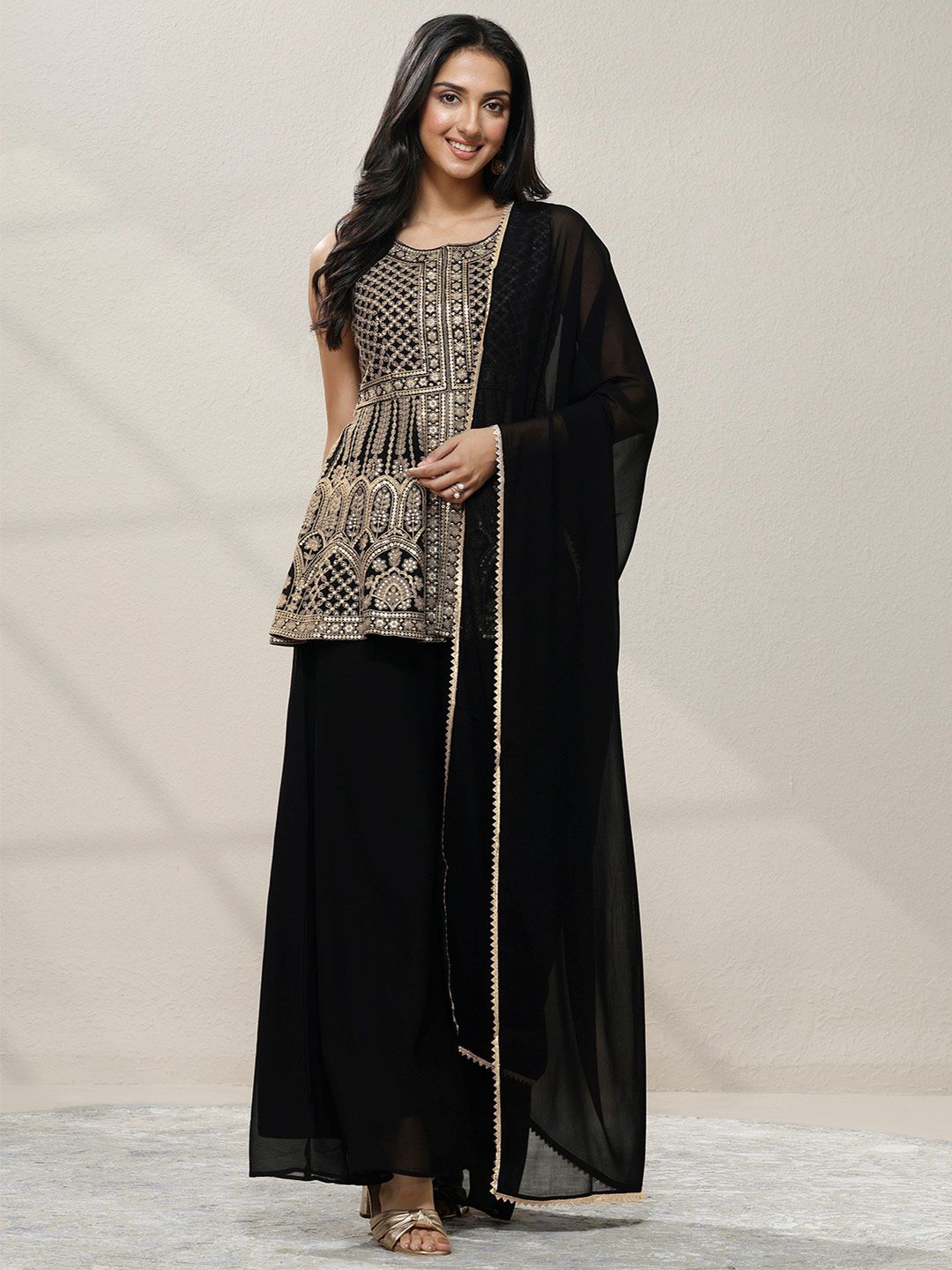 Dhiyona LL Women Ethnic Motifs Embroidered Panelled Sequinned Kurta with Palazzos & With Dupatta
