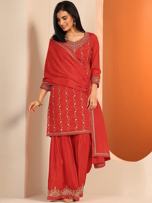 Floral Embroidered Thread Work V-Neck Chinon Kurta With Sharara & Dupatta