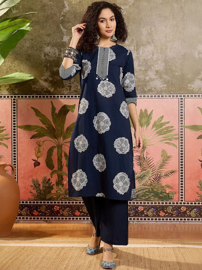 Floral Printed Cotton Round Neck Kurta & Trousers With Dupatta