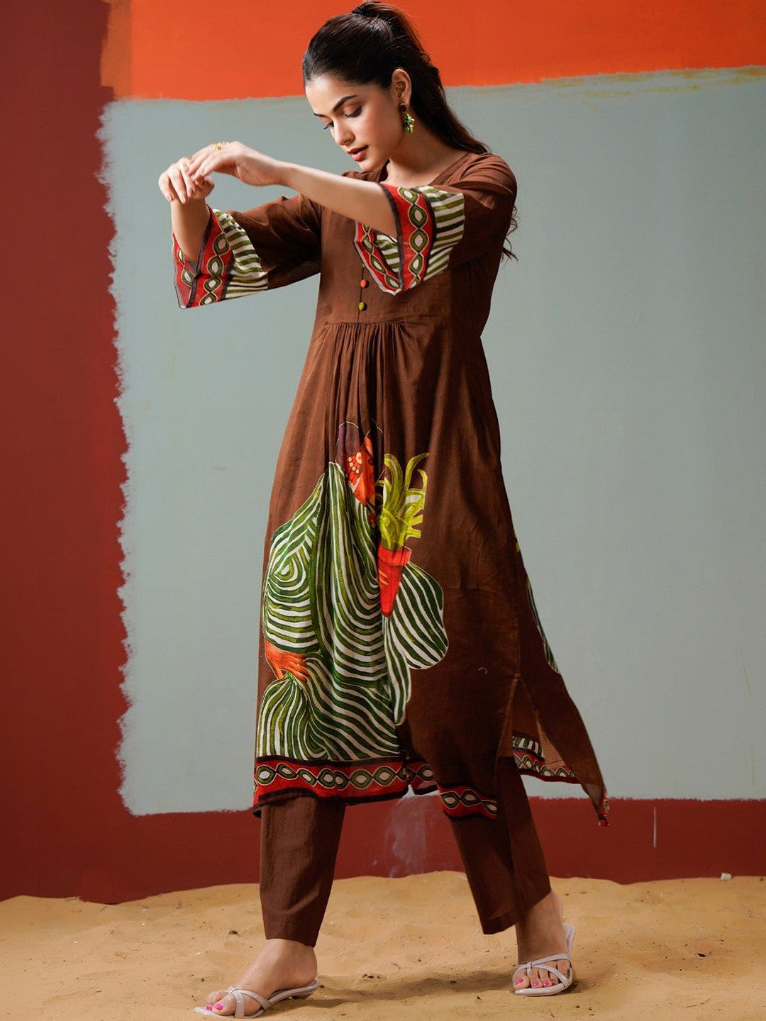 Brown Printed A-line Kurta Trousers Set