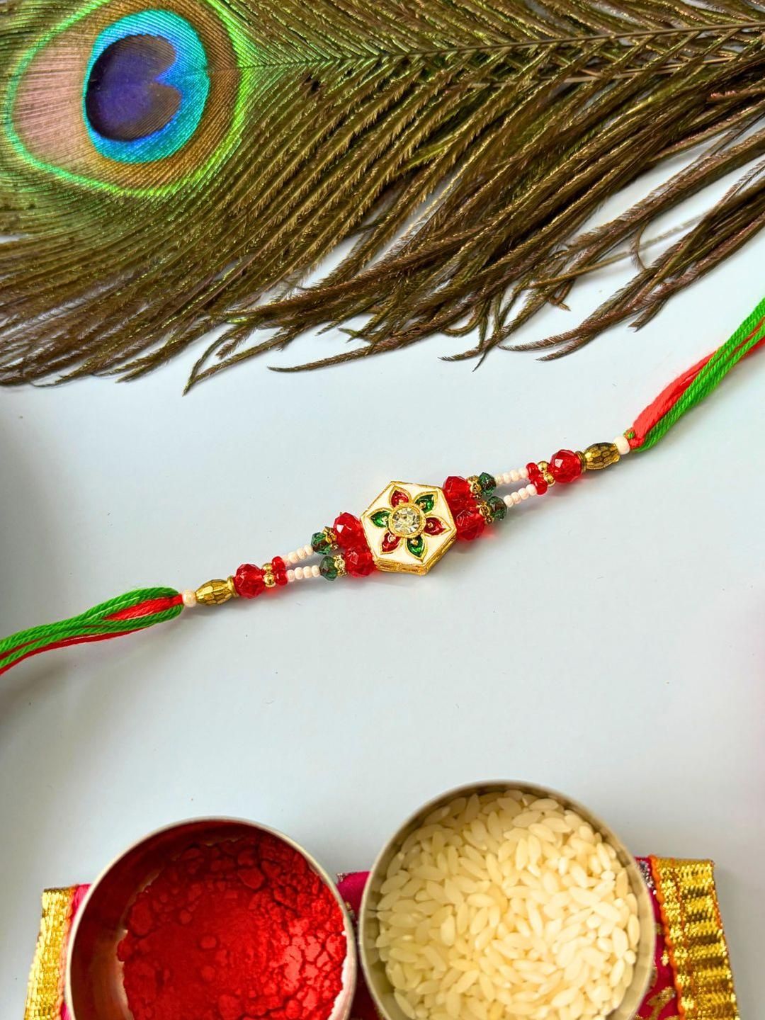Dhiyona 3 pcs Meenakari Kundan Traditional Handmade Rakhi for Brother