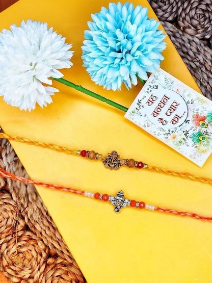 Dhiyona Set Of 2 Multicolor Religious Thread Rakhi With Roli Chawal Chandan Mishri