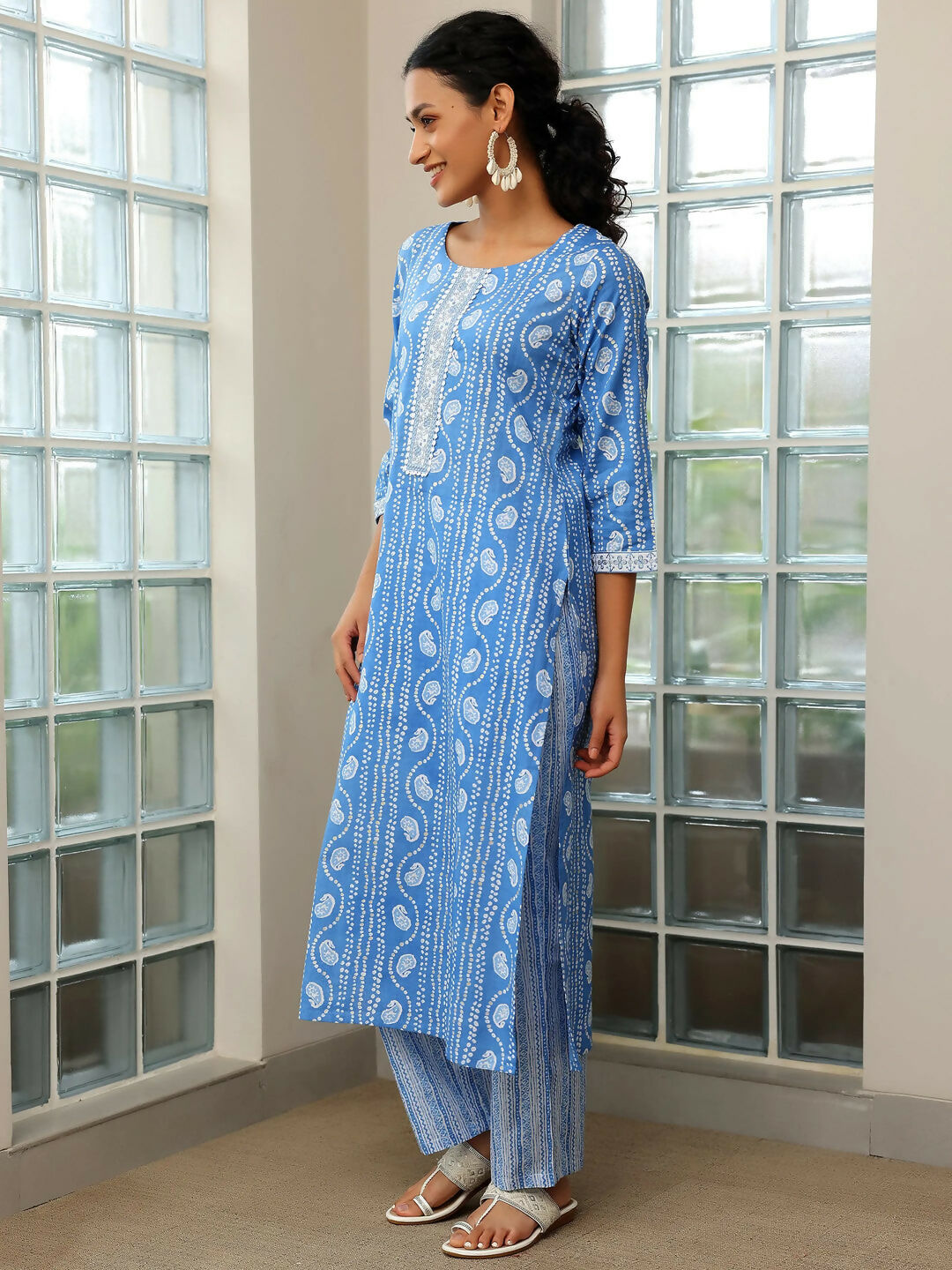 Women's LB Blue Printed Cotton Straight Suit With Dupatta