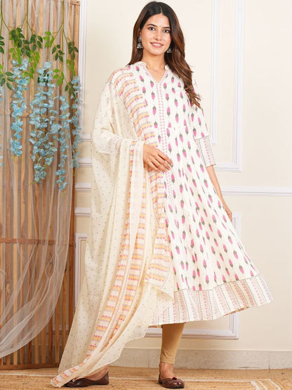 Dhiyona KL Ethnic Motifs Printed Band Collar A-Line Kurta With Leggings And Dupatta