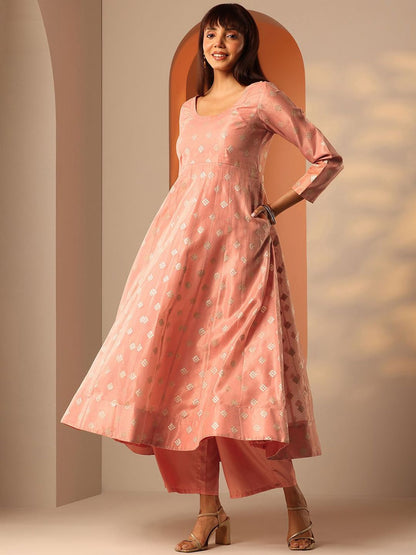 Dhiyona LL Womens Peach Woven Design Anarkali Kurta With Palazzos & Dupatta