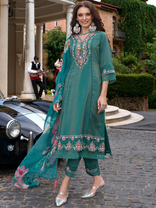 Women Floral Embroidered Regular Thread Work Kurta with Trousers & With Dupatta
