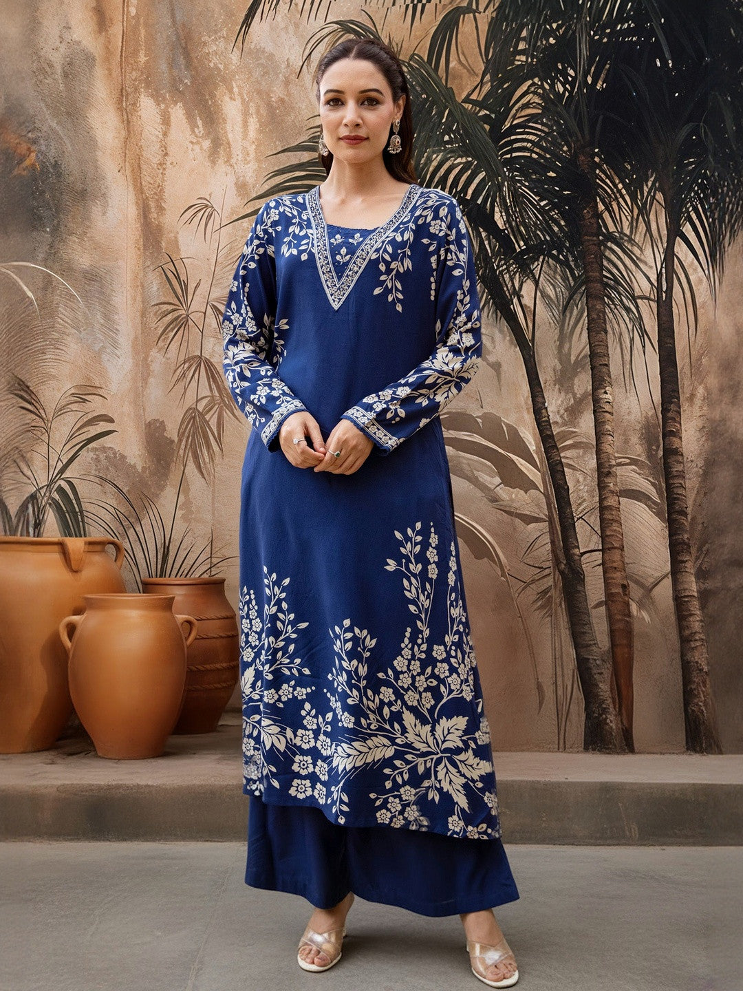Dhiyona SN Embroidered & Printed V-Neck Kurta & Palazzos