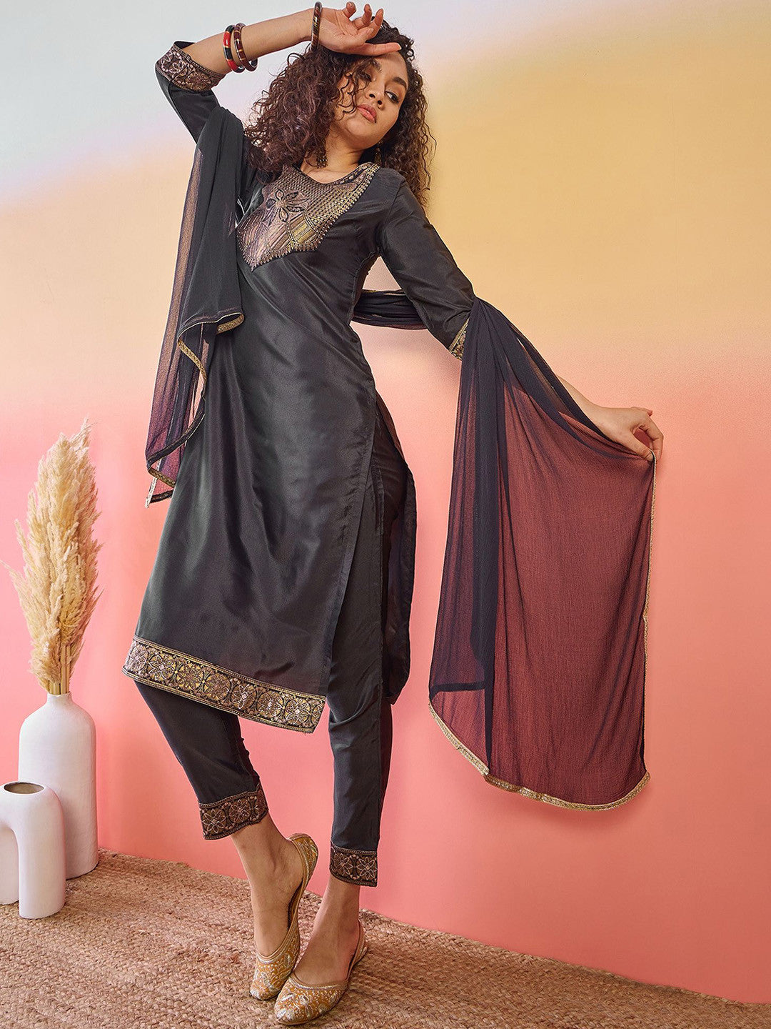 Floral Yoke Design Zari Jacquard Straight Kurta With Trousers And Dupatta