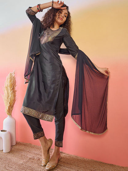 Floral Yoke Design Zari Jacquard Straight Kurta With Trousers And Dupatta