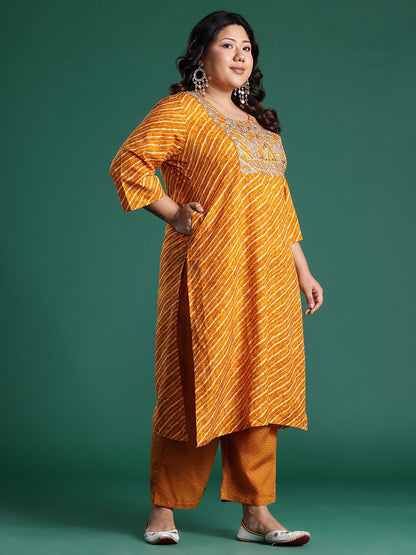Dhiyona Women's Plus Size Leheriya Print Kurta with Palazzos & Dupatta