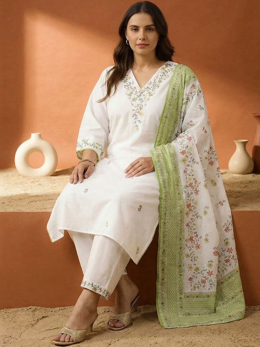 Dhiyona Women's Floral Embroidered Regular Thread Work Pure Cotton Kurta with Trousers & With Dupatta