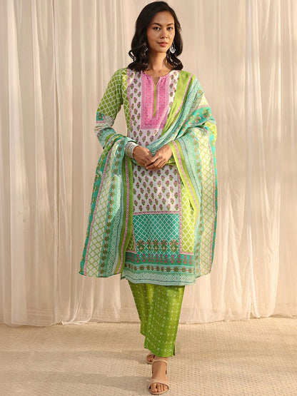 Libas Green Multi Printed Straight Suit Set with Dupatta