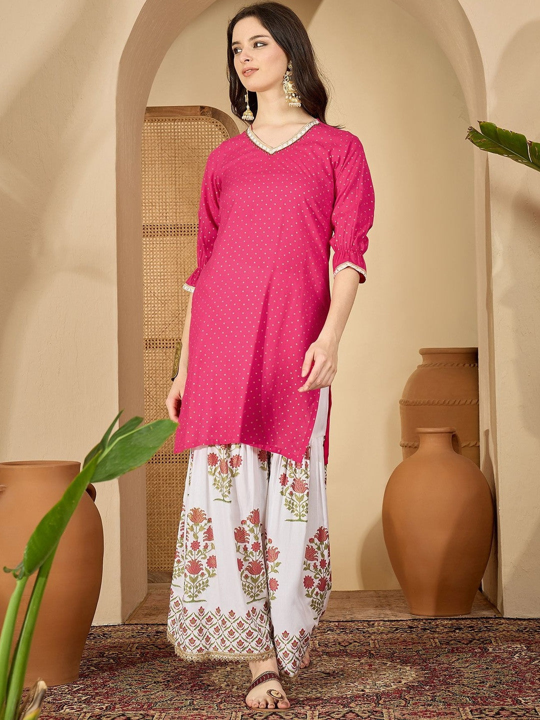 Polka Dots Printed Bell Sleeves Straight Kurta With Sharara & Dupatta