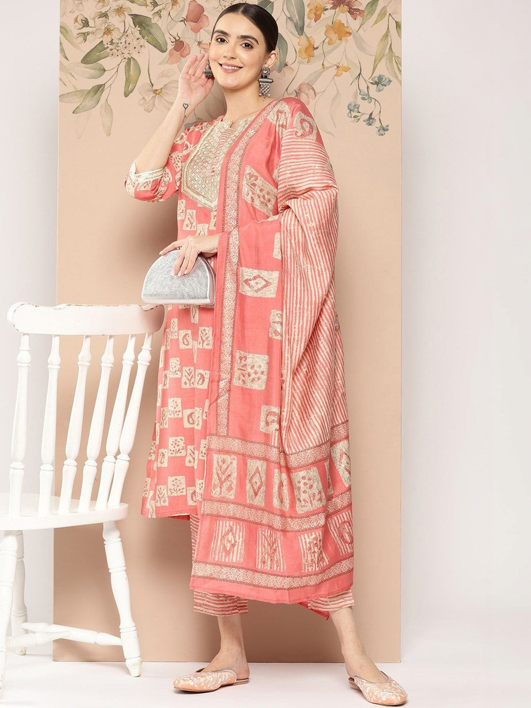 Women Ethnic Motifs Printed Regular Thread Work Kurta with Trousers & With Dupatta