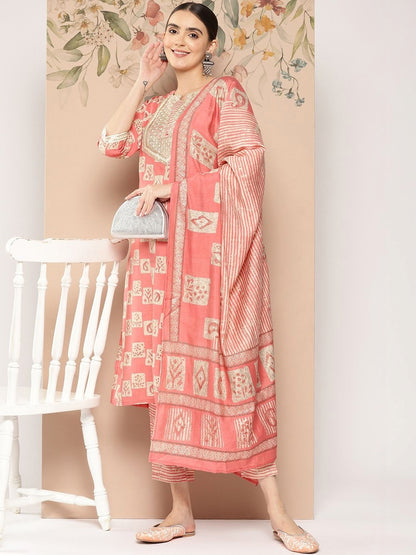 Women Ethnic Motifs Printed Regular Thread Work Kurta with Trousers & With Dupatta