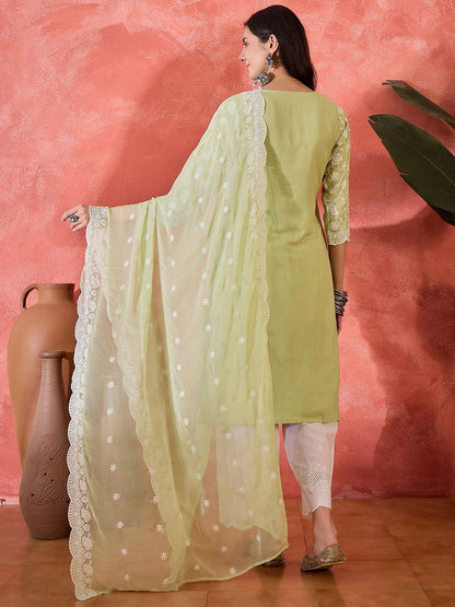 Women Floral Embroidered Cotton Kurta with Palazzo & Dupatta