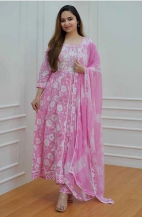 Dhiyona KL Floral Printed Mirror Work Pure Cotton Anarkali Kurta With Palazzo & Dupatta