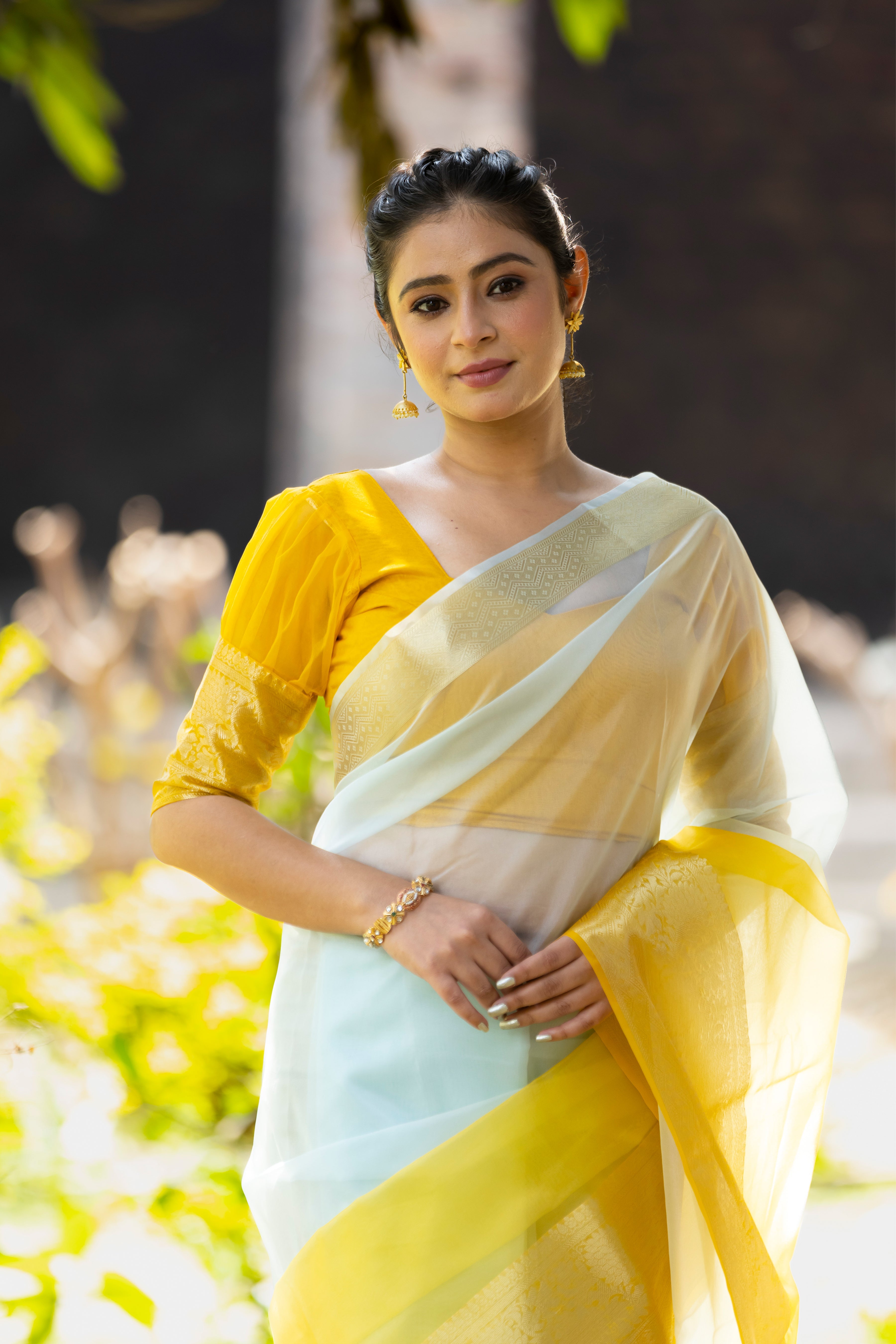 Dhiyona HH Yellow Subtle Banarasi Woven Soft Organza Skirt Border Saree
