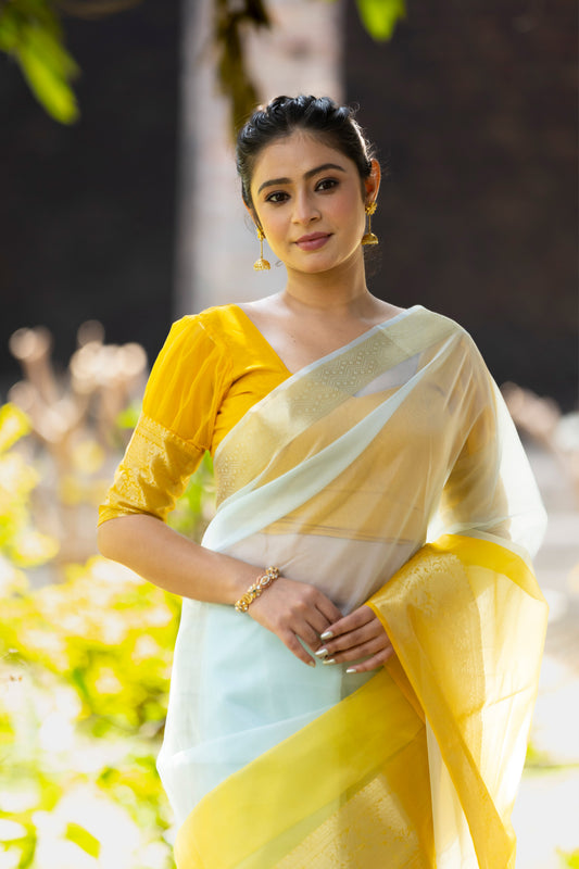 Dhiyona HH Yellow Subtle Banarasi Woven Soft Organza Skirt Border Saree