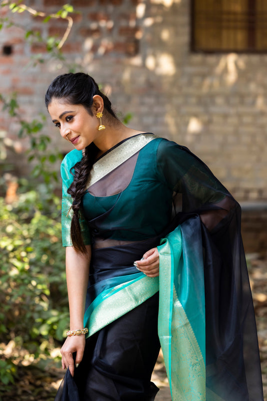 Dhiyona HH Sea Green Black Banarasi Woven Soft Organza Skirt Border Saree
