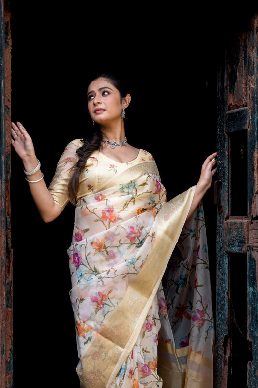 Dhiyona HH Flourishing Jaal Vibrant Organza Saree with Banarasi Zari Border | Flower Jaal Design