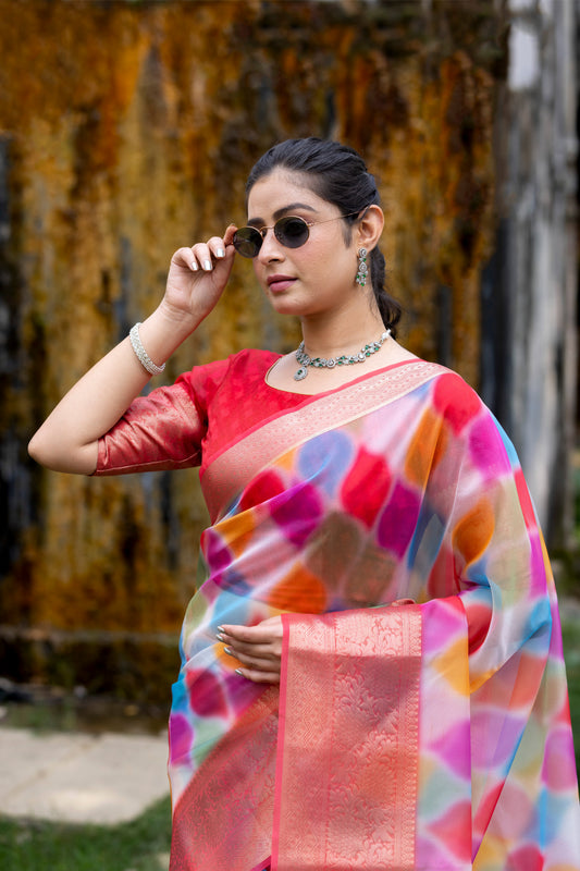 Dhiyona HH Vibrant Candy Organza Silk Saree with Banarasi Zari Border | Mesmerizing Blur prints