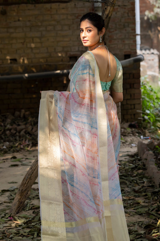 Dhiyona HH Off White Vibrant Organza Silk Saree with Mesmerizing Digital Print and Zari Border