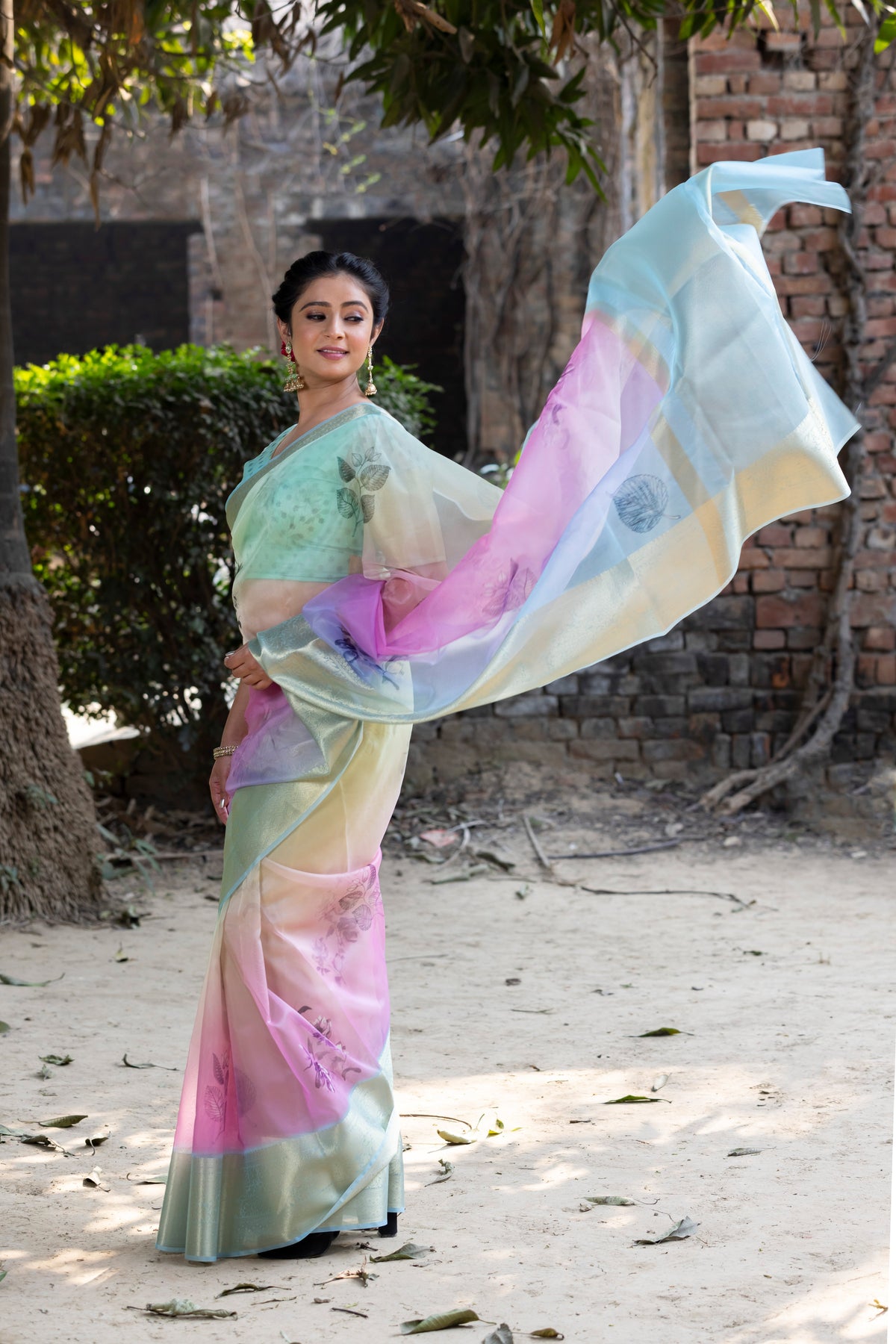 Dhiyona HH Prismatic Organza Silk Saree with Banarasi Zari Border | New Leaf Pattern
