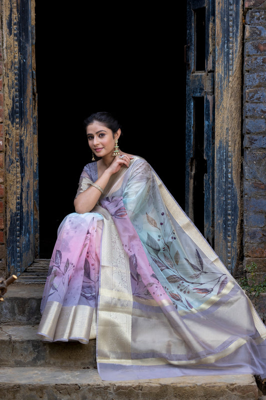 Dhiyona HH Earthy Neon Organza Silk Saree with Banarasi Zari Border | Full Leaf Pattern