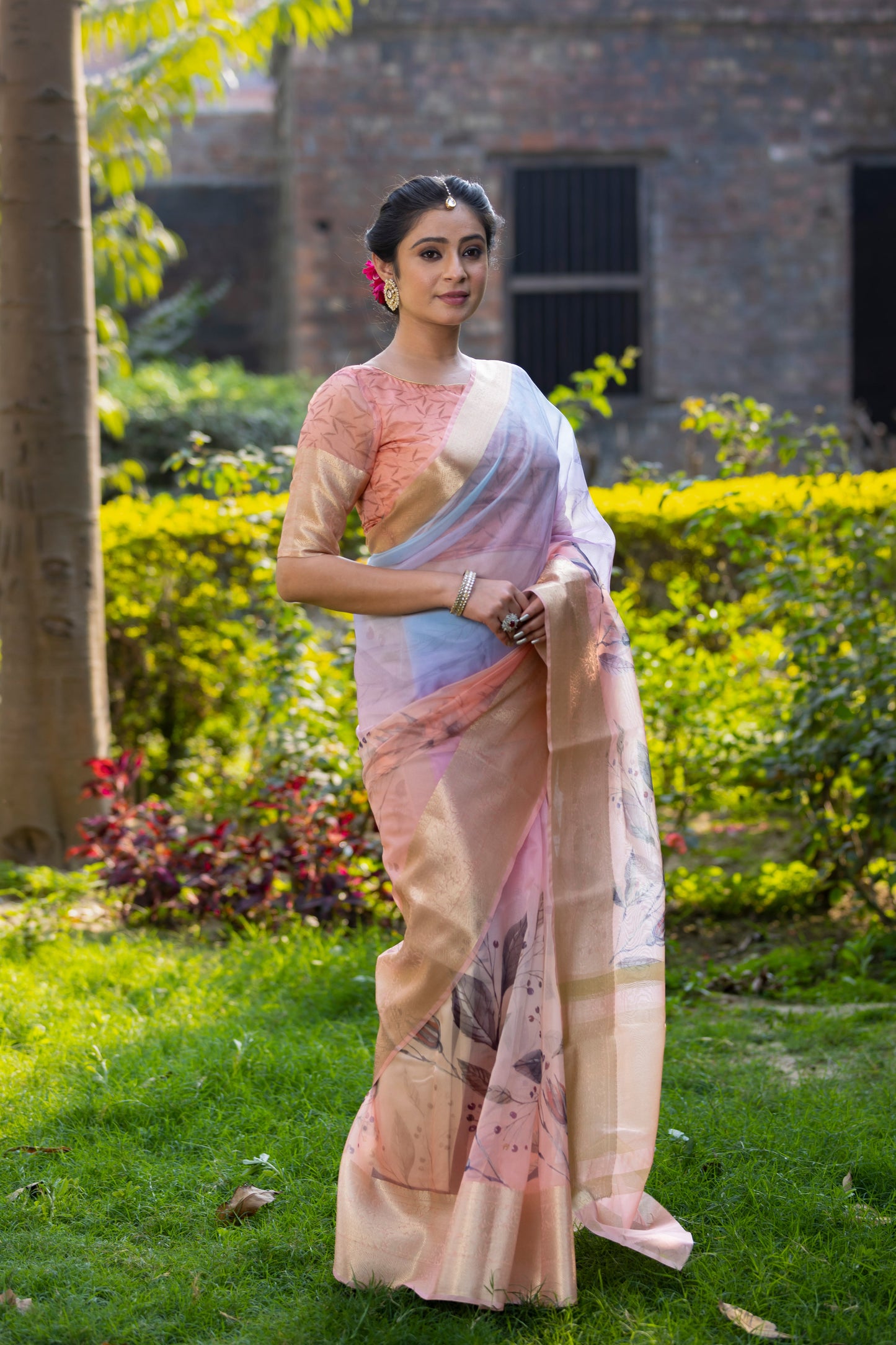 Dhiyona HH Pastel Peach Organza Silk Saree with Banarasi Zari Border | Full Body Leaf