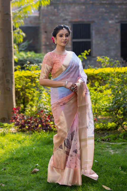 Dhiyona HH Pastel Peach Organza Silk Saree with Banarasi Zari Border | Full Body Leaf
