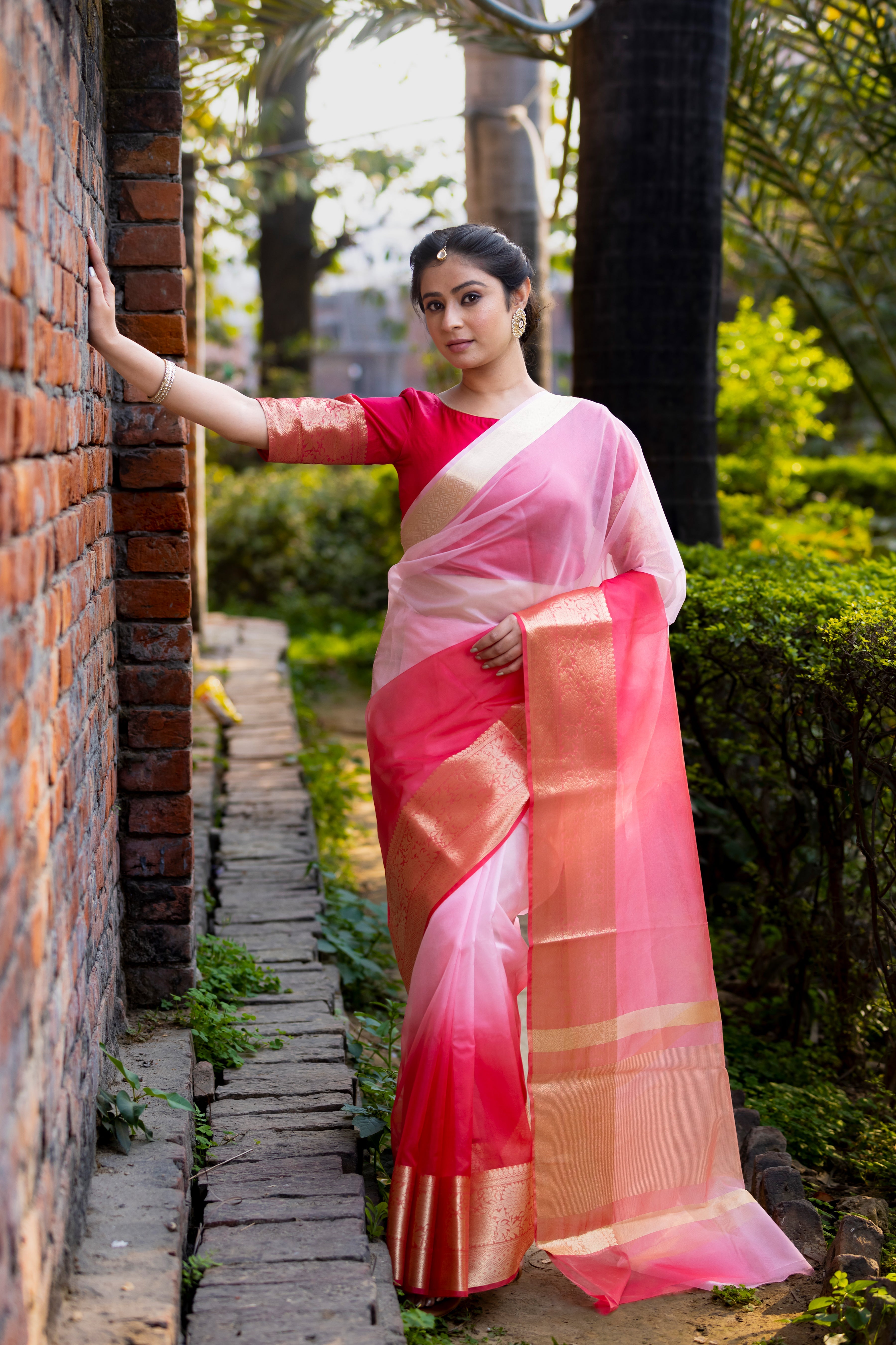 Dhiyona HH Rani Blush Pink Banarasi Woven Soft Organza Skirt Border Saree