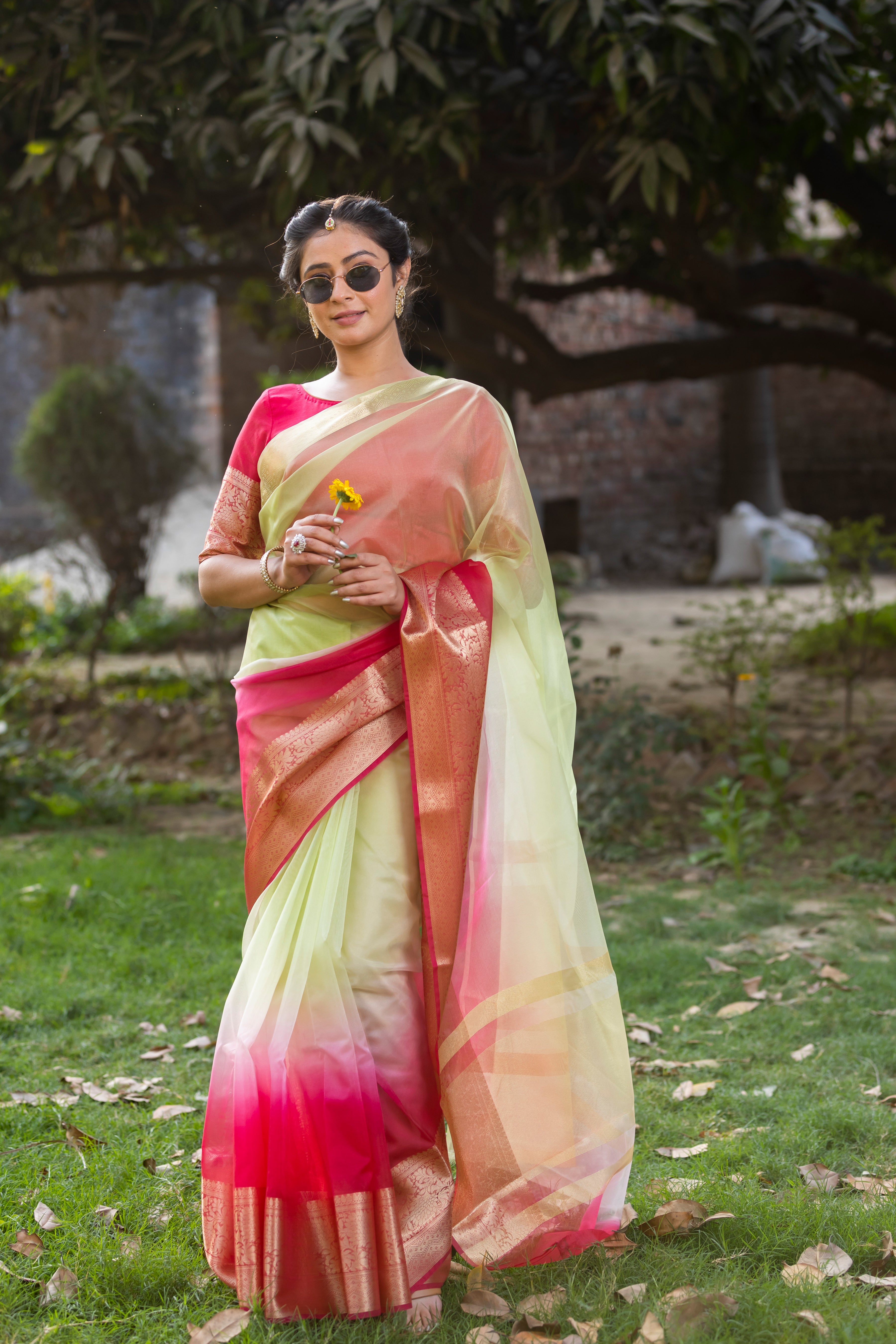 Dhiyona HH Rani Muted Green Banarasi Woven Soft Organza Skirt Border Saree