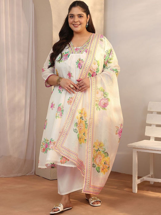 Dhiyona Women's Plus Size Floral Printed Kurta with Palazzos & With Dupatta