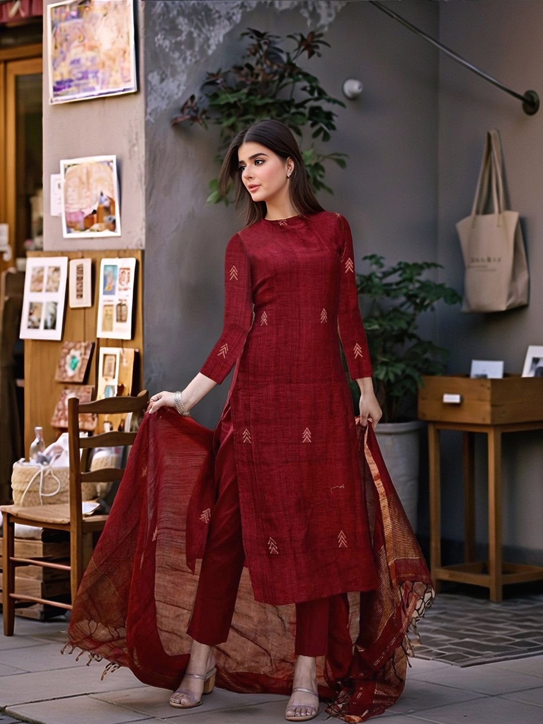 Dhiyona KL Women Maroon Rayon Blend Printed Straight Kurta Set With Dupatta