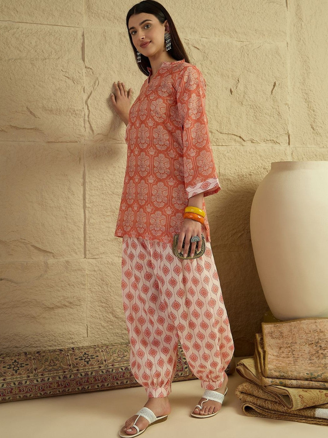 Women Linen Floral Print Straight Short Kurti With Farshi Salwar Set