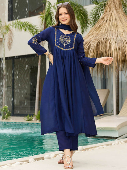 Dhiyona KL Women Woven Design Embroidered A-Line Kurta with Trousers & Dupatta