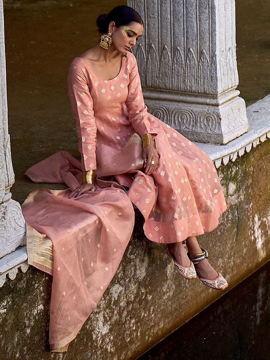 Dhiyona LL Womens Peach Woven Design Anarkali Kurta With Palazzos & Dupatta