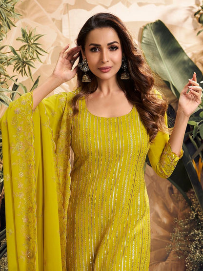 Dhiyona IN Women Ethnic Motifs Embroidered Regular Sequinned Kurta with Palazzos & With Dupatta